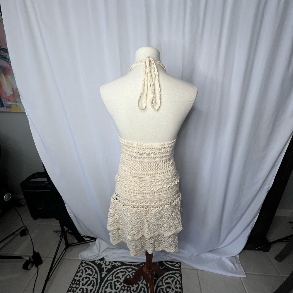 ✨ MODA International Cream Crochet Halter Dress Boho Festive Mini Dress - Medium - Picture 6 of 11